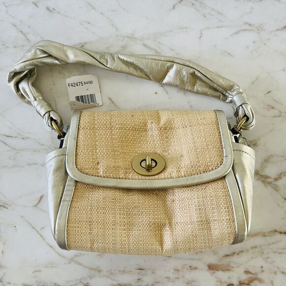 Coach Handbags - COACH Parker Straw Top Gold Leather Trim Top Handle Small Shoulder Bag
